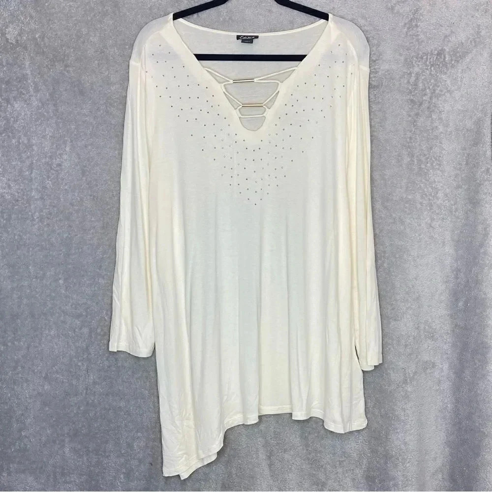 SIMPLY Emma 1X Top Shirt Cream Embellished V Neck Keyhole Long Sleeve Stretch